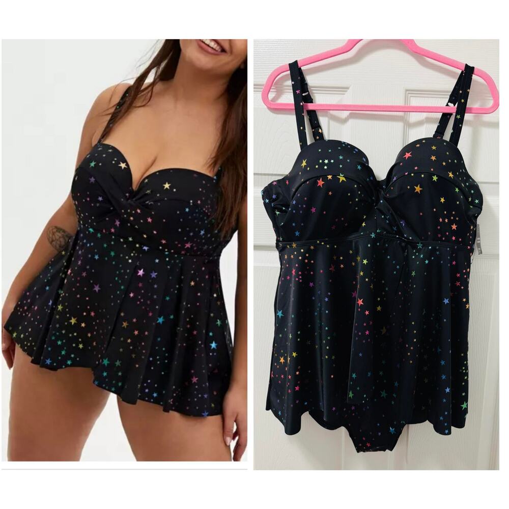 Torrid Plus Size 0 C/D Cup Swim Dress One Piece‎ Rainbow Star Print Underwire